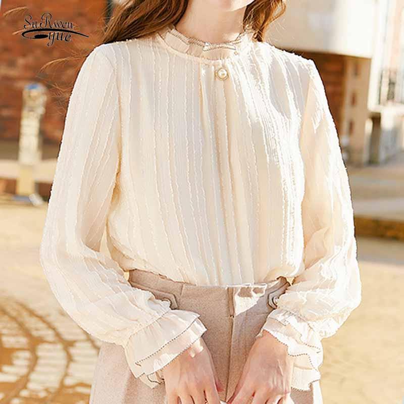 

Women's Blouses & Shirts 2021 Spring Lace Blouse Sweet Lady Flare Long-sleeved Chic Stand-up Collar Solid Chiffon Women Bottoming Shirt 1178, White