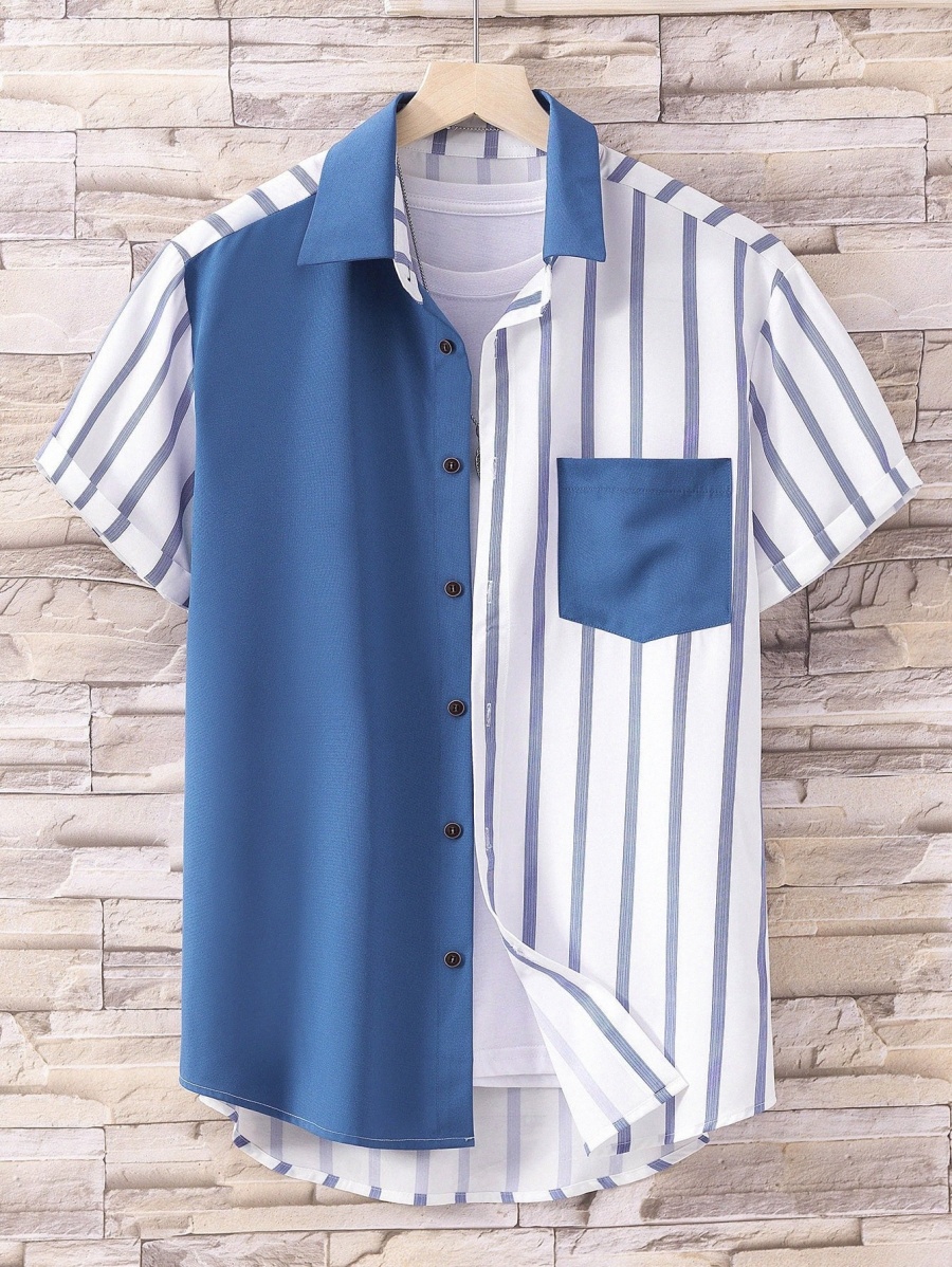 

Men Random Vertical Striped Colorblock Patched Pocket Shirt Without Tee Y4Tu#, Blue and white
