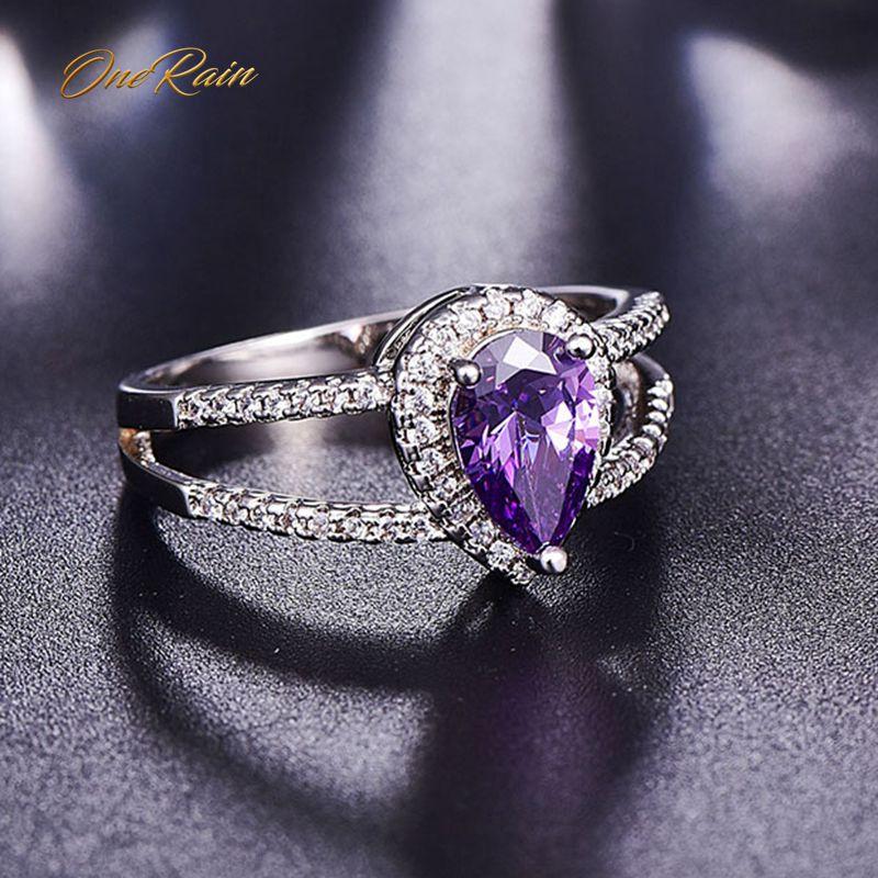 

Cluster Rings OneRain Vintage 100% 925 Sterling Silver Water Drop Pear Cut Amethyst Gemstone Wedding Engagement Ring Jewelry Wholesale, Golden;silver