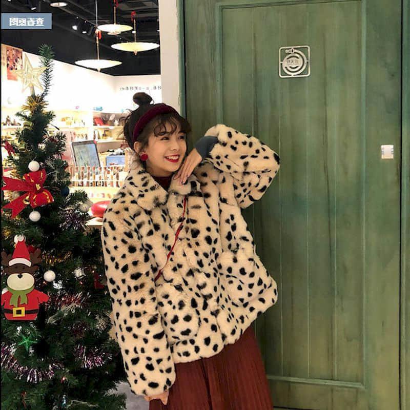 

Women's Fur & Faux Leopard Print Coat Female Korean Style 2022 Autumn Winter Large Size Loose Women Padded Jacket, Black