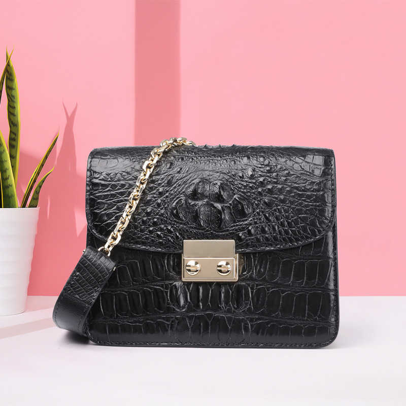 

Light luxury Siamese crocodile skin leather fashion chain single shoulder women's messenger small square bag, Classic black alligator bag