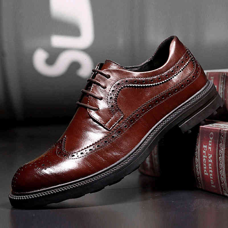 

dress shoes genuine leather men brogue lace up comfortable breathable men business wedding party formal shoes man i522, Black