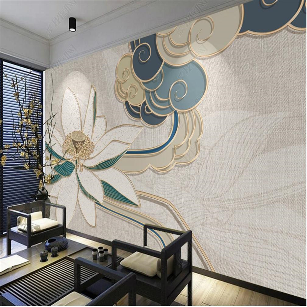 

Beautiful 3d wallpaper cloud lotus light luxury golden embossed line background wall, Blue