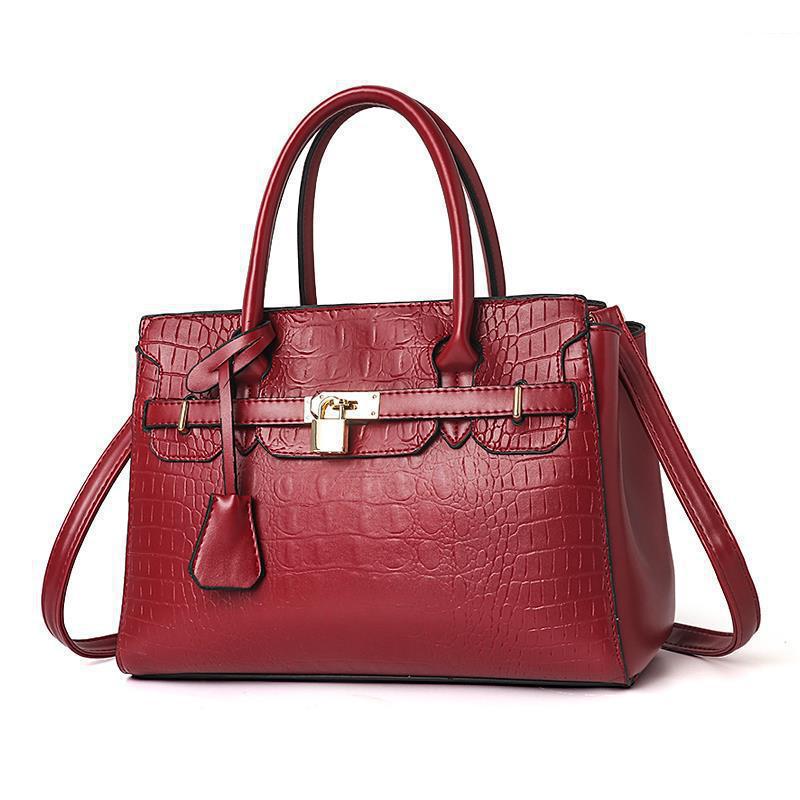 

ladies leathers shoulder bags thicken embossed crocodile handbag large capacity contrast leather tote bag elegant Joker solid color fashion handbags, Dark brown11-0237
