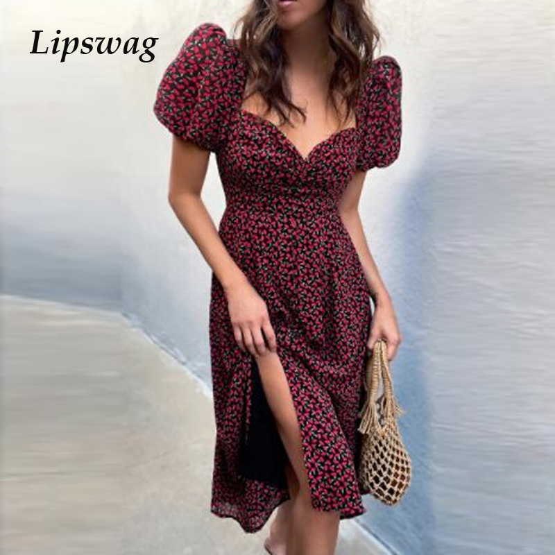 

women summer puff sleeve split beach dresses fashion elegant floral print boho long dress lady v-neck party dress vestidoshigh quality, Black;gray
