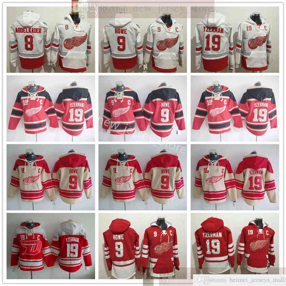 

Detroit Red Wings Hockey Hoodie Jerseys 9 Gordie Howe 19 Steve Yzerman 8 Justin Abdelkader Reverse Retro Hoodies Jersey Red White Stitched, Blue;black