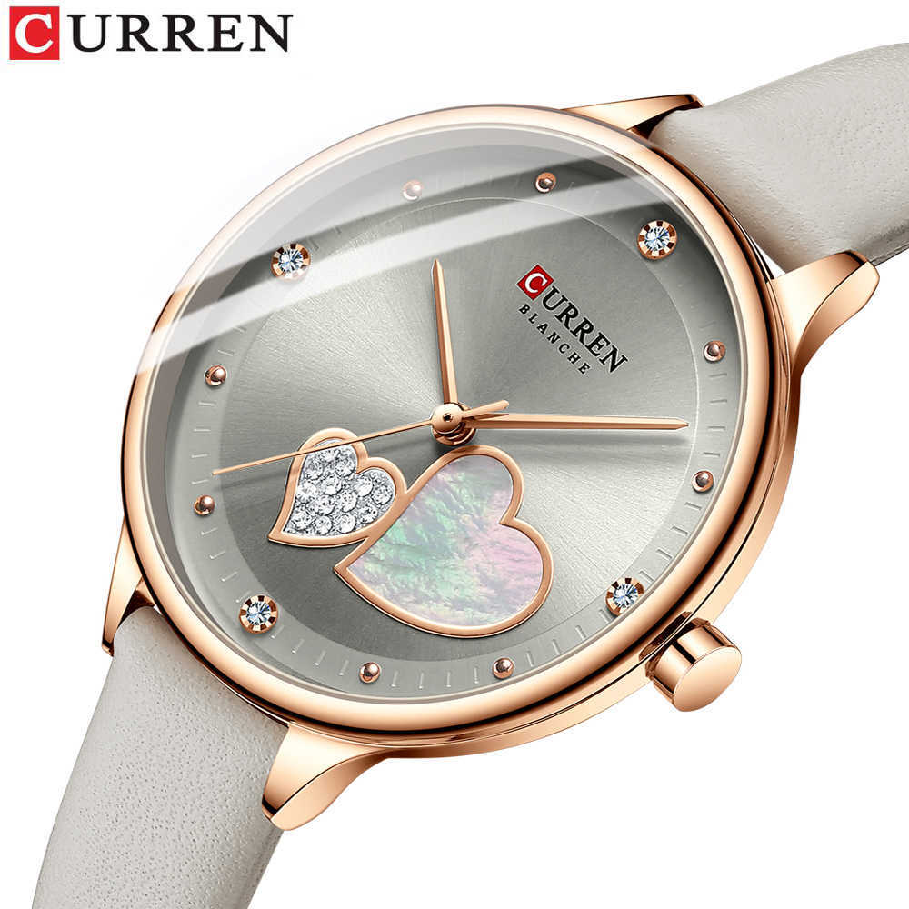 

CURREN Watche Fashion Leather Quartz Wristwatch Charming Female Clock Zegarki Damskie 210616, Rose white