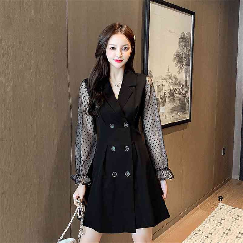 

Woman Mini Dress Patchwork Blazer Office Lady Long Sleeves Plus Size Clothes Vestidos Korean Style Mesh 210519, Black