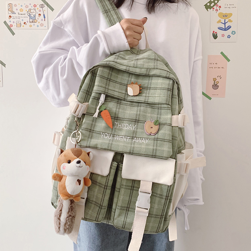 

Large Capacity Korean Lovely Girl Backpack 2021 New Female Student Schoolbag Japanese Canvas Preppy Style Plaid Travel Bag Women, Khaki