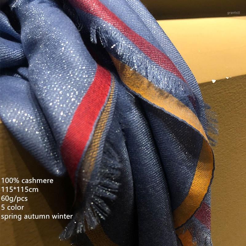 

Scarves Naizaiga 100% Cashmere 115*115cm Square Shinning Striped Solid Women Fashion Shawl Air-conditioned Room Warm Scarf , JRSM77, Blue;gray