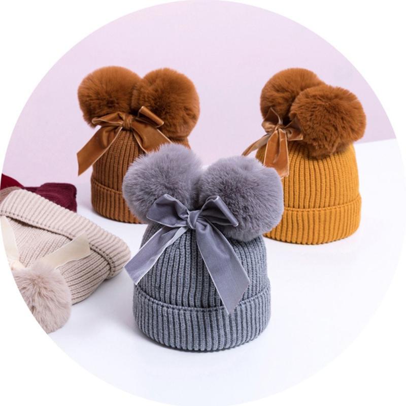

Caps & Hats Cute Solid Color Autumn And Winter Bow Beanie Headwear Bobble Cap Knitted Hat, Yellow