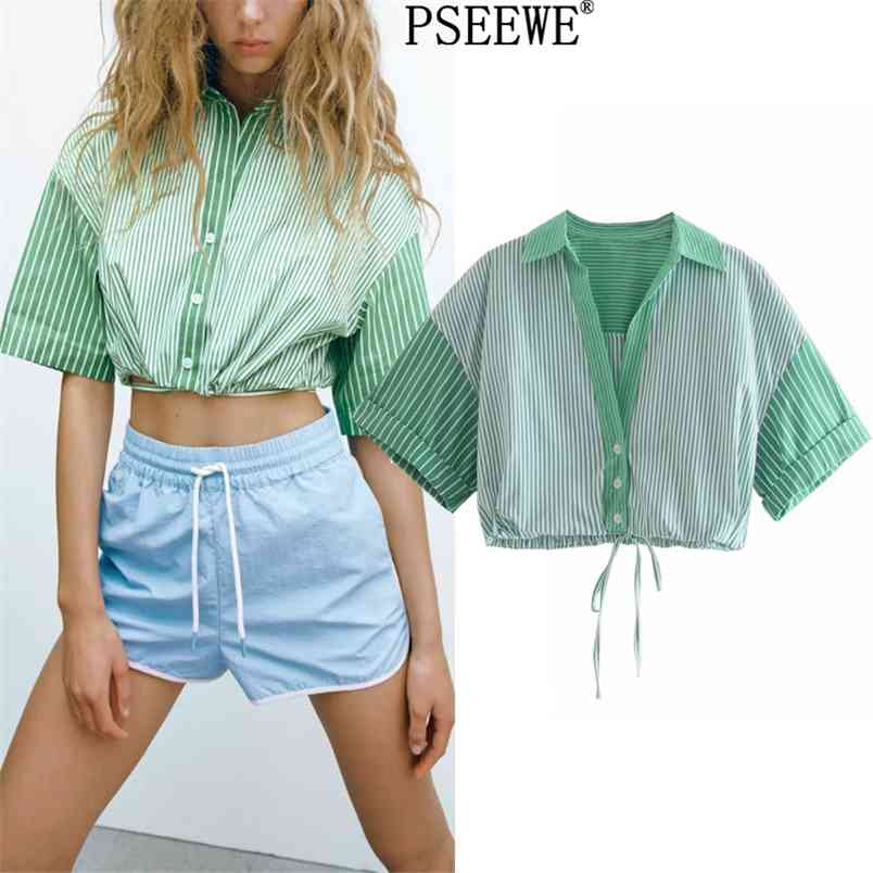 

Blouse Woman Patchwork Green Striped Women Shirts Short Sleeve Crop Top Female Streetwear Casual Button Up Shirt 210519