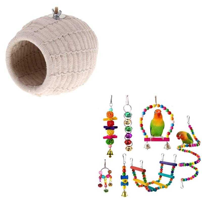 

Kennels & Pens 7x Bird Parrot Toys, Hanging Bell Pet Cage Hammock Swing Climbing 1x Rope Weave Breeding Nest Bed House Toy, Random color beige