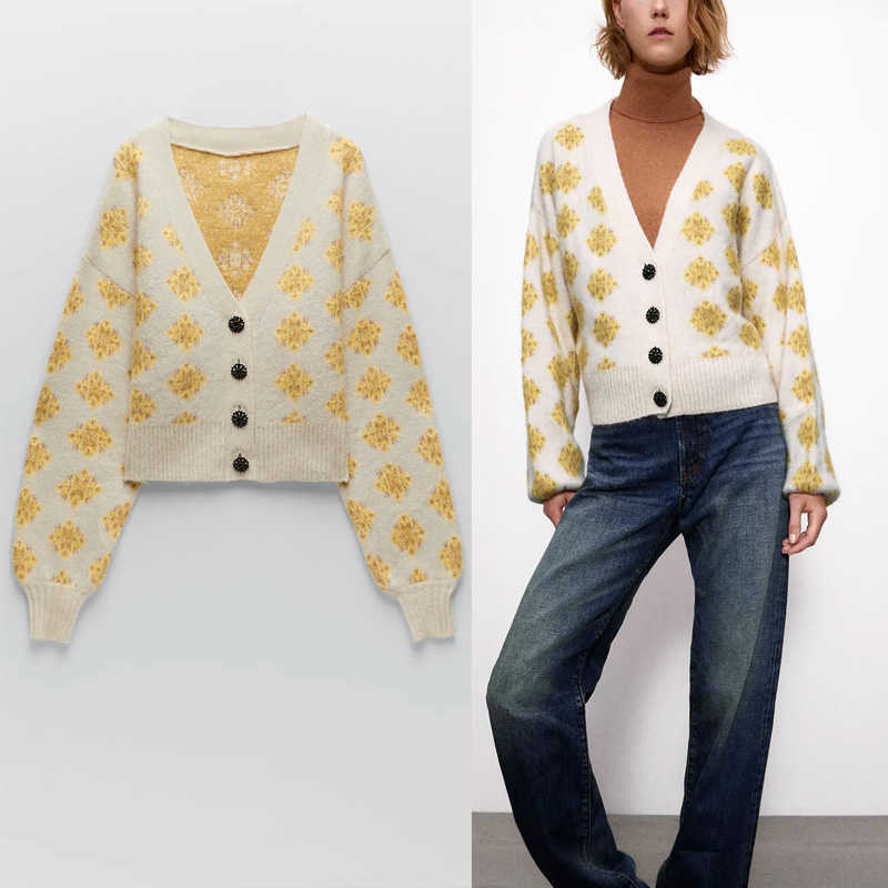 

Za Knit Jacquard Cardigan Women Long Sleeve Oversized Ribbed Sweater Female Fashion Front Jewel Button Autumn Knitted Top 210602, Beige