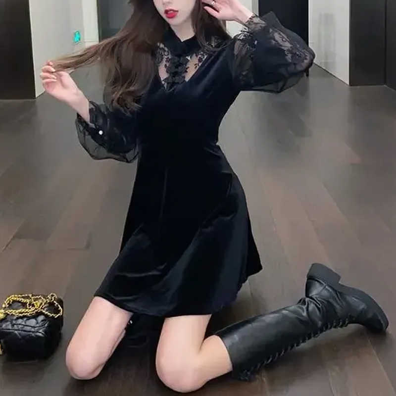 

Vintage Puff Sleeve Lace Dres Mini Black Designer Party Spring Casual Office Velvet Female Y2K Clothing 210604, Velvet mini dress