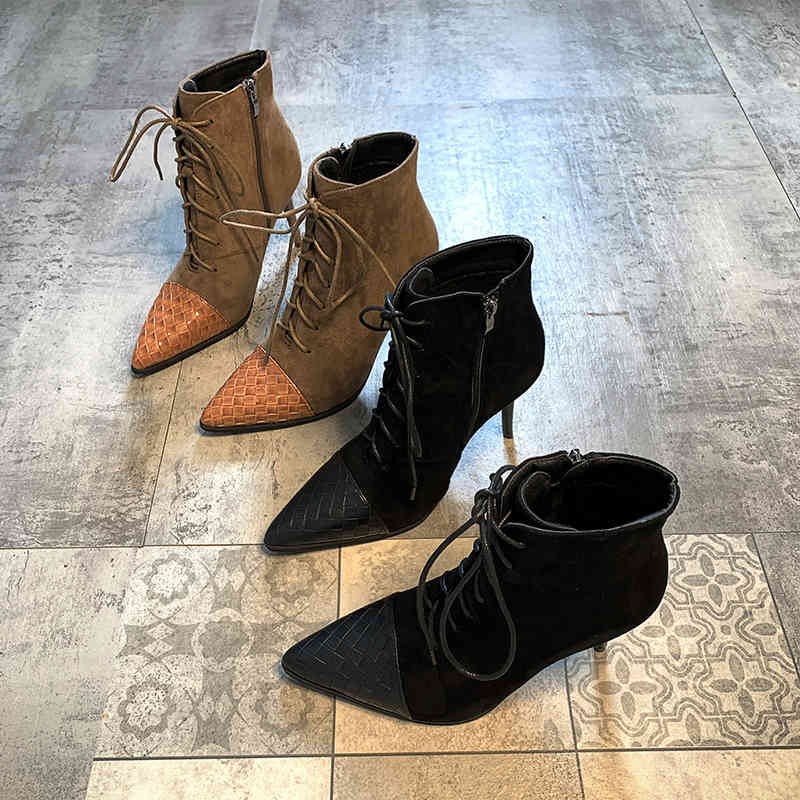 

dress shoes eooodoit outono novas botas femininas de couro retalhos 9 cm salto alto apontou toe moda senhora stiletto bombas curto tornozelo, Black