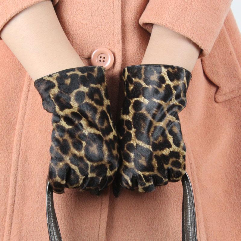 

Five Fingers Gloves Leopard Print Faux Long Leather Fashion Women Warm Outdoors Design Sexy Genuine Guantes