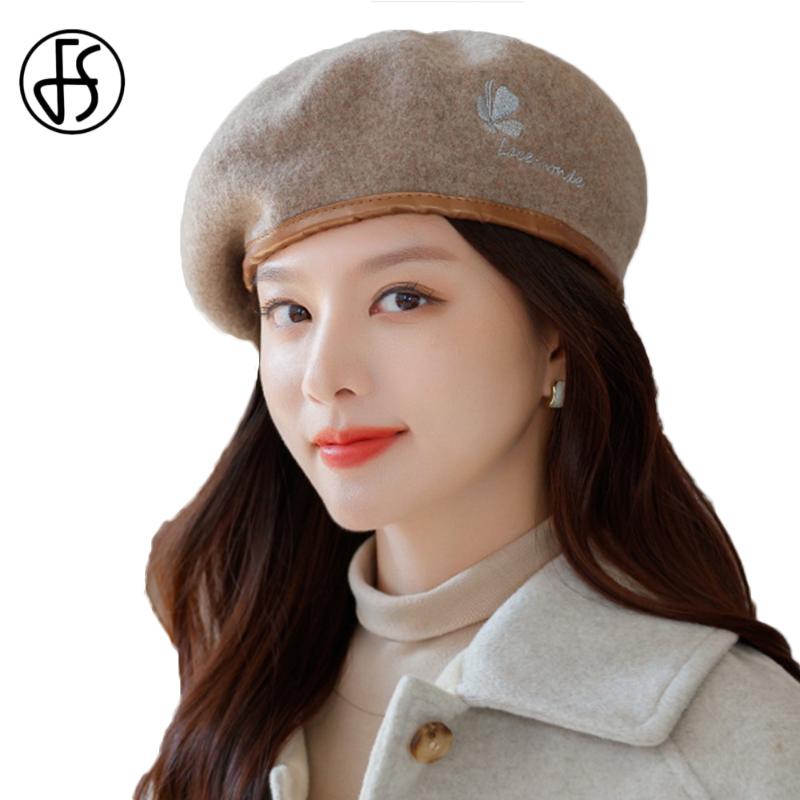 

Berets FS Pumpkin Painter Caps For Women 100% Wool Felt Fedora Hat Winter Warm Female British Retro Hats PU Embroidery Patchwork, Black