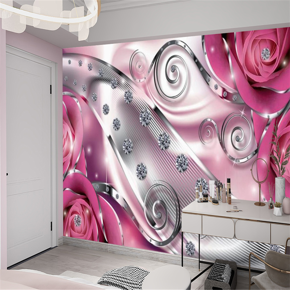

3d Flower wallpapers Luxury Pink Diamond Floral Mural Modern Home Decoration Living Room Bedroom Background Wall Wallpapers, As show