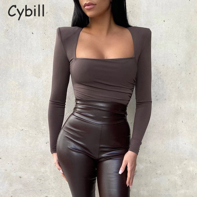

Cybill Square Collar Long Sleeve Bodysuit Women Autumn Winter Sexy Bodysuit Ruched Padded Body Female For Woman 2021 Top, Black