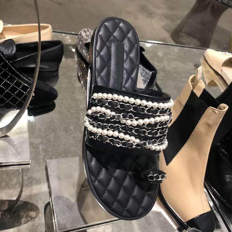 

Slippers Summer Pearl Chain Flip-flops For Women With Flat Sandals And Stylish Beaded Flats FTBV, Black