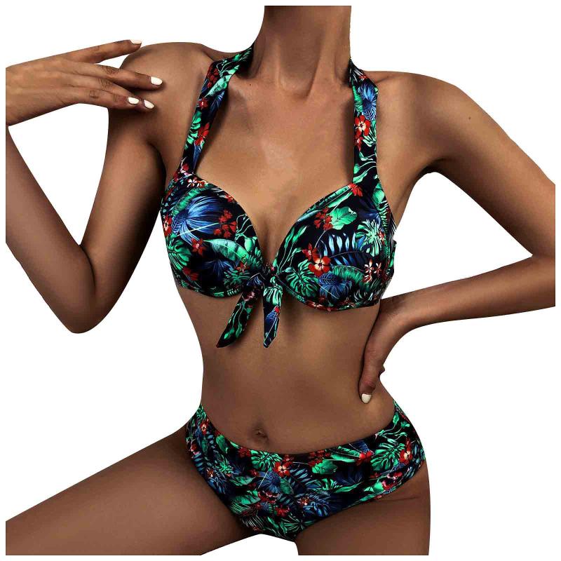 

Women' Swimwear Two-piece Swimsuit Women Fashion Sexy Bikini Floral Printed Halter Cover Up Middle-waisted Brazilian Beachwear, Green