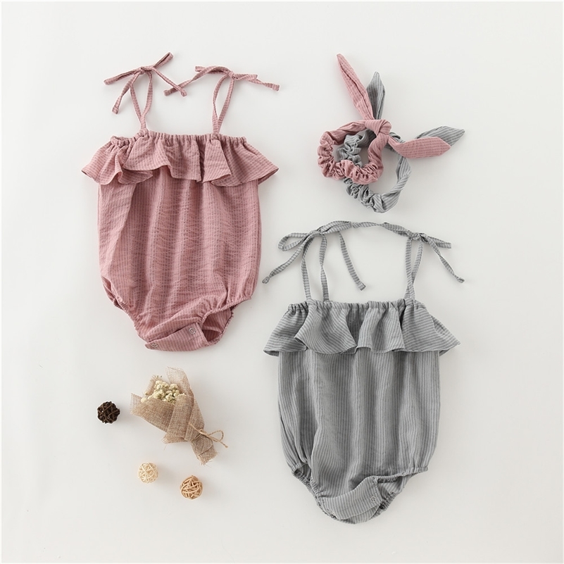 

Summer 0-2 years baby girls thin soft ruffled slip romper with hair band all-match casual floral jumpsuit 210708