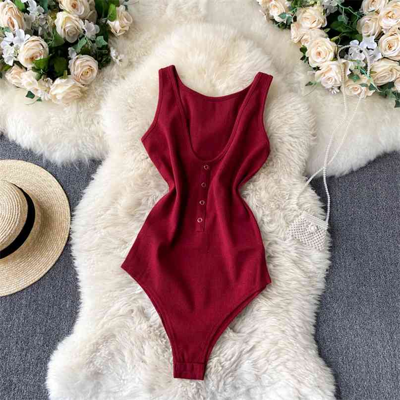 

Bodysuit Women Sexy Deep V-neck Sleeveless Knitted Romper Slim Fit Summer Skinny Elastic Bottom Top Female 210603, Black