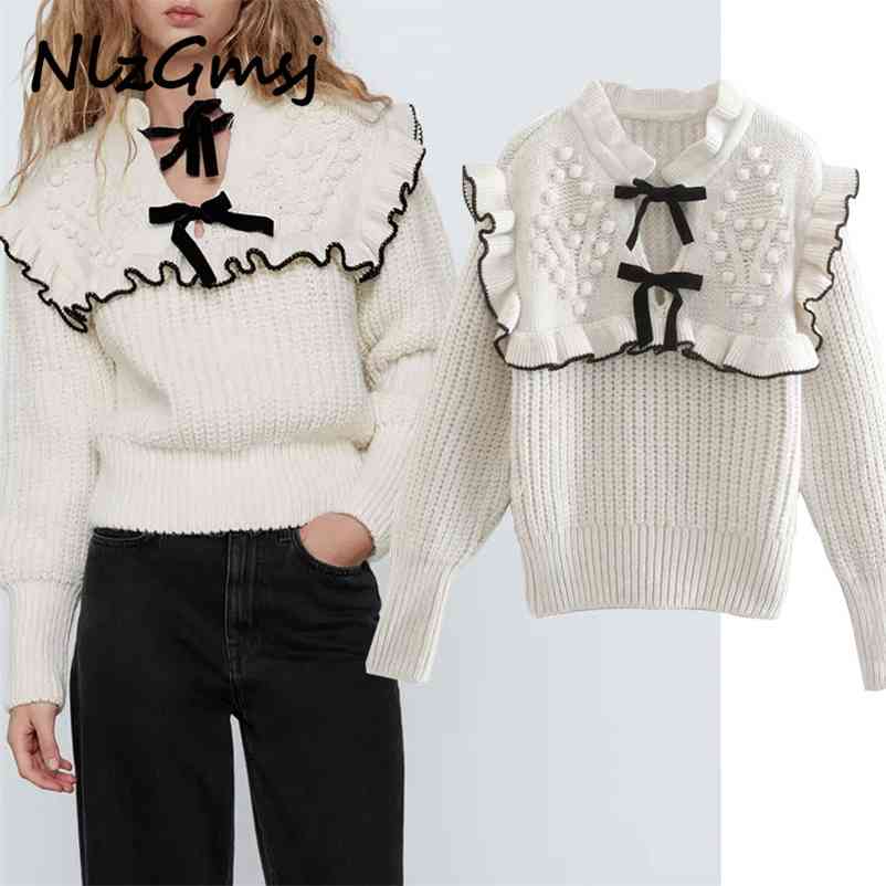 

Sweater Women Fashion Elegant Ruffles Bow Knitted Jumper Female Pullovers Chic Tops 210628, As picture