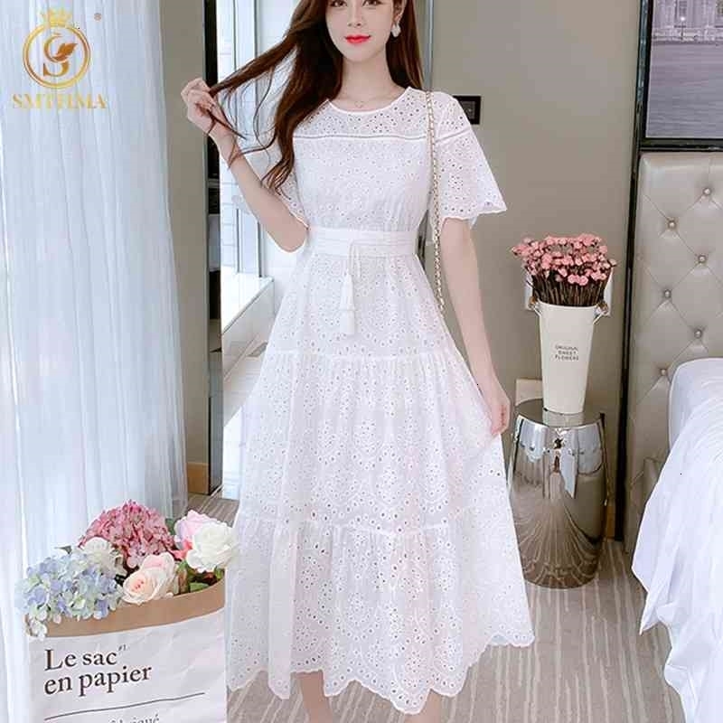 

Casual Dresses Vintage Lace Hollow Out For Women O-Neck Short Sleeve High Waist Summer Long es Female 2021 Fashion Clothes 97PY, Photo color