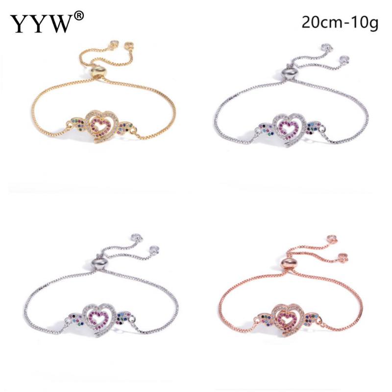 

Colors Luxury Cubic Zirconia Bracelet Colorful Rhinestone Heart With Wing Box Chain Unisex Bracelets Adjustable 7.88inch Link,