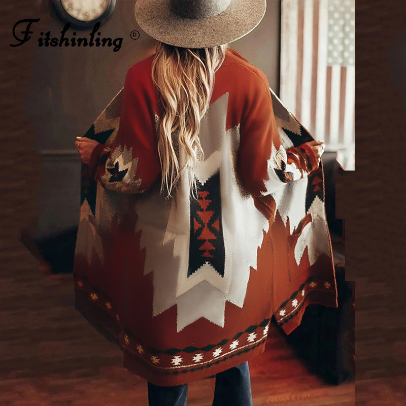 

Fitshinling Bohemian Long Winter Jaet And Coat For Women Wool Geometry Vintage Ethnic Tribe Warm Oversized Cardigan Outerwear