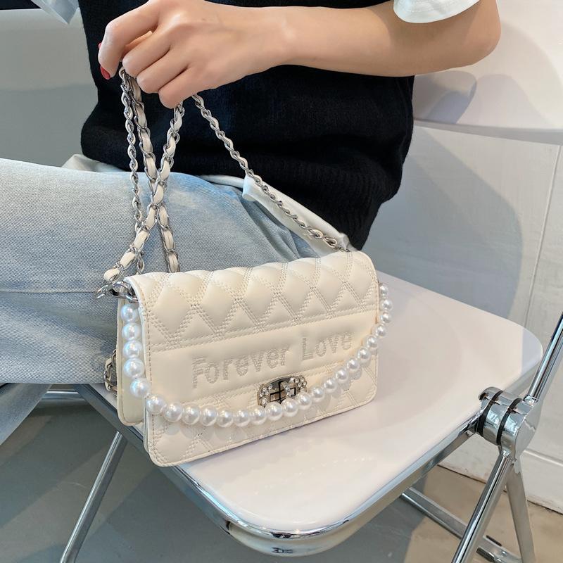 

Pearl Chain Bags Women's 2021 Fashion Rhombic Messenger Bag Ins Small Square Purses And Handbags Luxury Designer Cross Body, Black