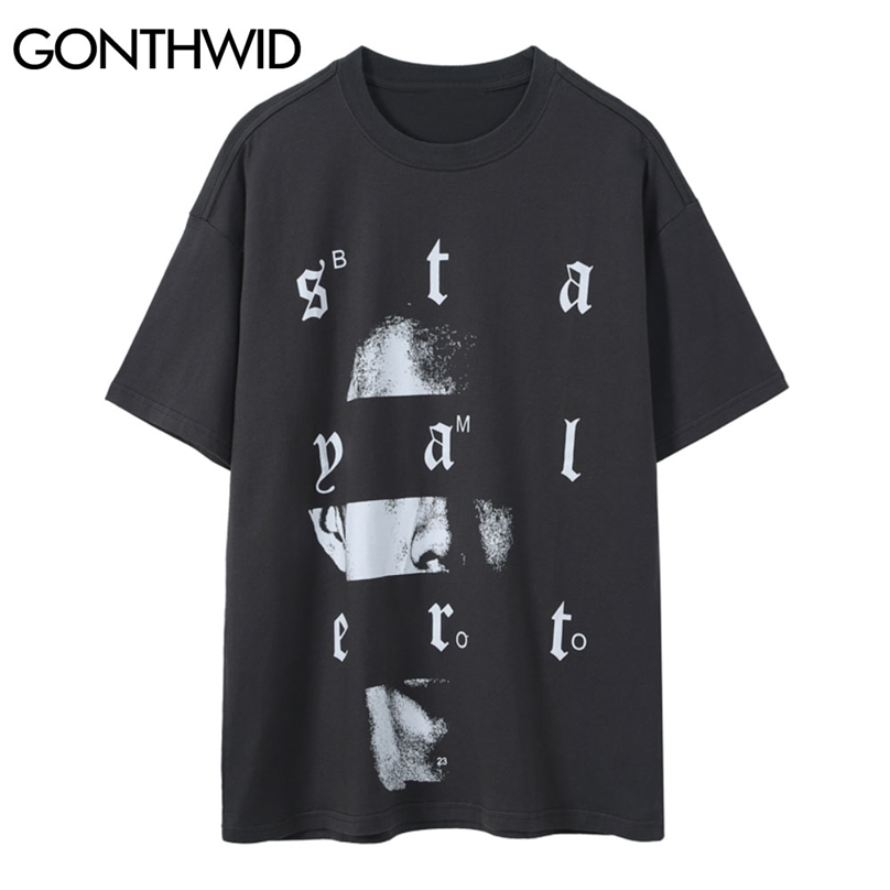 

Streetwear Tees Shirts Hip Hop Face Letter Punk Rock Gothic Tshirts Harajuku Hipster Short Sleeve Casual Cotton Tops 210602, Black