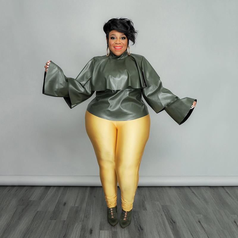 

Plus Size T-Shirt Women Clothing Wholesale Streetwear Long Sleeve Blouse Ruffle Collar Pu Leather Top Ladies Tops Drop, Black