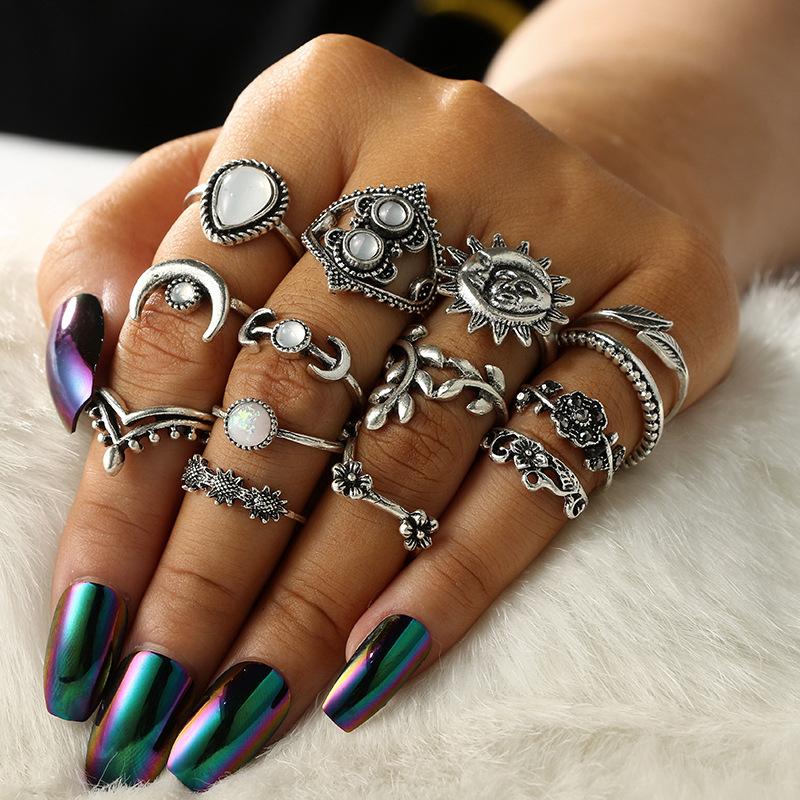 

Cluster Rings 14 Pcs/set Vintage Silver Color Finger Knuckle For Women Bohemian Leaf Moon Flower Geometric Ring Party Jewelry, Golden;silver