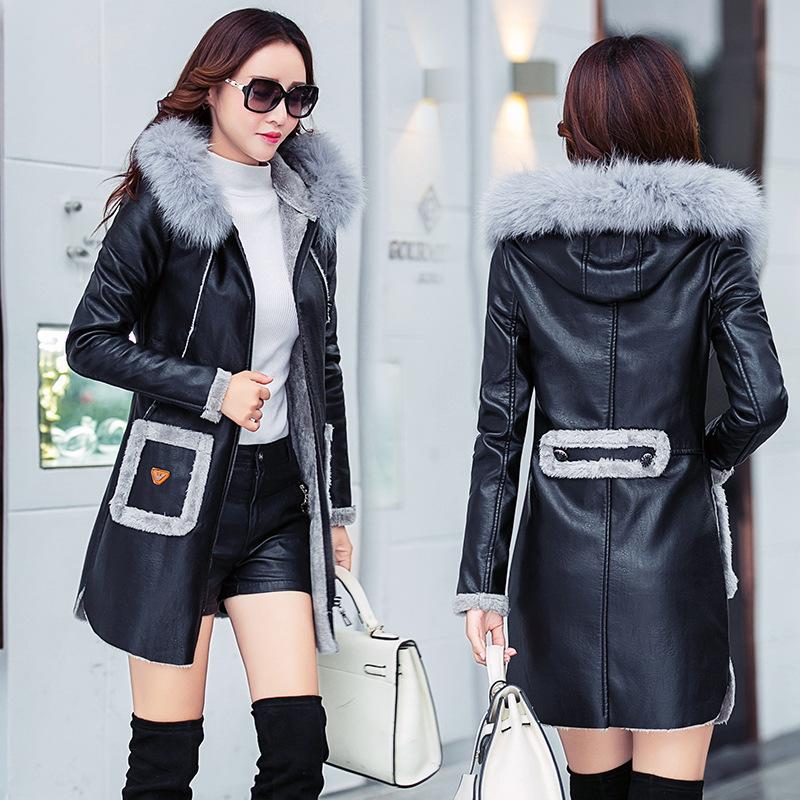 

Women's Leather & Faux 2021 Fur Hooded Collar Women Long Jacket Coat Female Winter Sleeve Suede Bow Motorcycle, Black