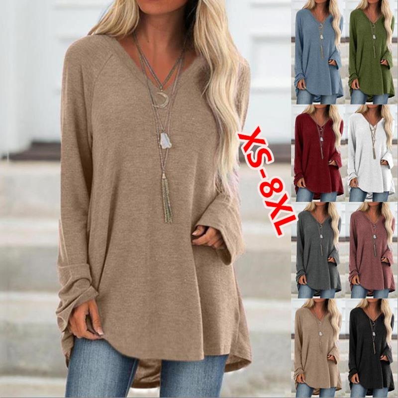 

Women's T-Shirt Plus Size Women Clothing Spring Autumn S-8xl Solid Long Sleeve Loose Cotton Casual Harajuku Tunic Tees Top Ropa Mujer, White