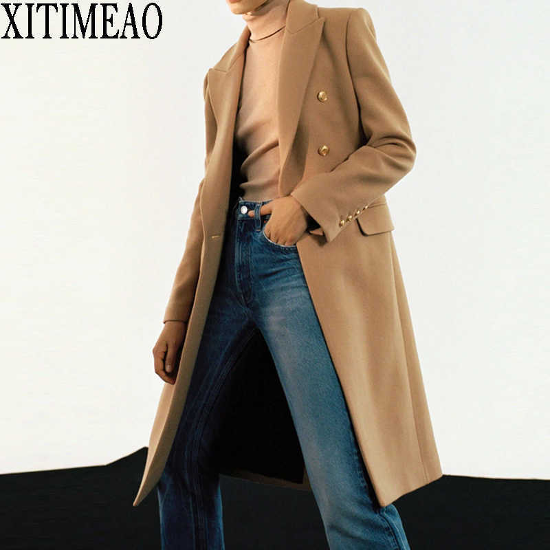 

ZA Autumn Women Blazer Double Breasted Long Jacket Slim Outwear Elegant Overcoat OL Suits Coat Female Woolen 210604, As picture