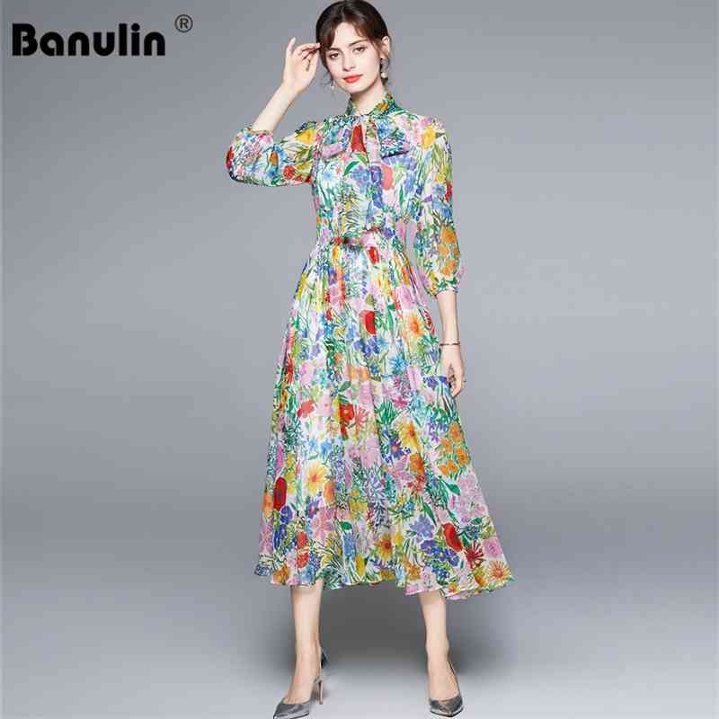 

Banulin Summer Runway Floral Midi Party Dinner Dresses Elegant High Waist Bow Sashes Chiffon Boho Dress Elbise Plus D N77029 210603, Blue color
