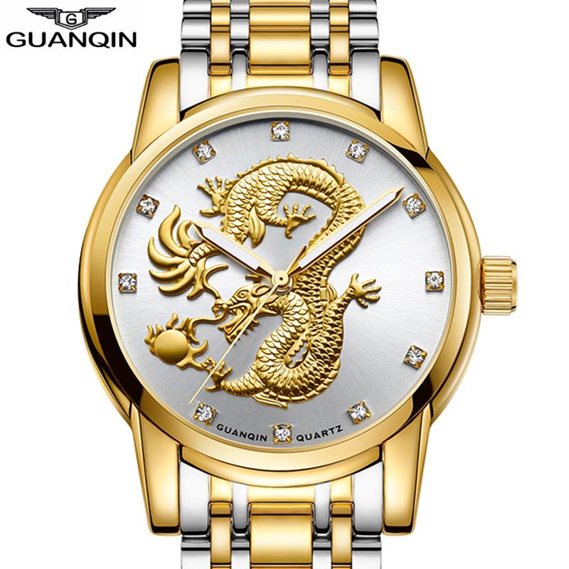 

Wristwatches Luxury Golden Dragon Men Watch Top Brand GUANQIN High-end Quartz Luminous Waterproof 316L Full Steel Relogio Masculino, Slivery;brown