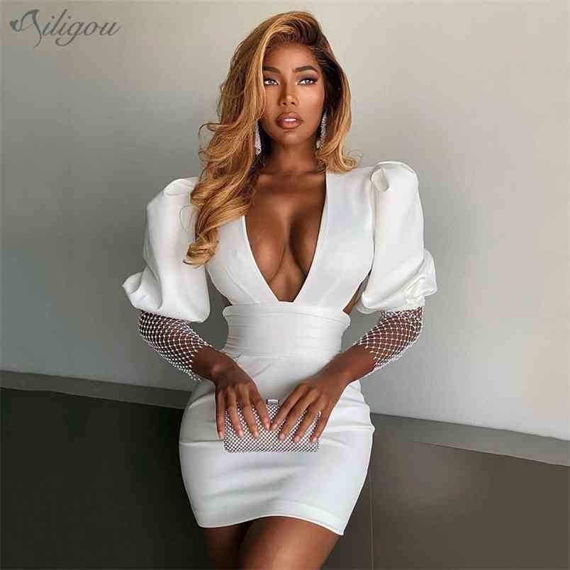 

High Quality Black White Long Sparkly Sleeve Backless Bodycon Elegant Dress Cocktail Party Vestidos 210525