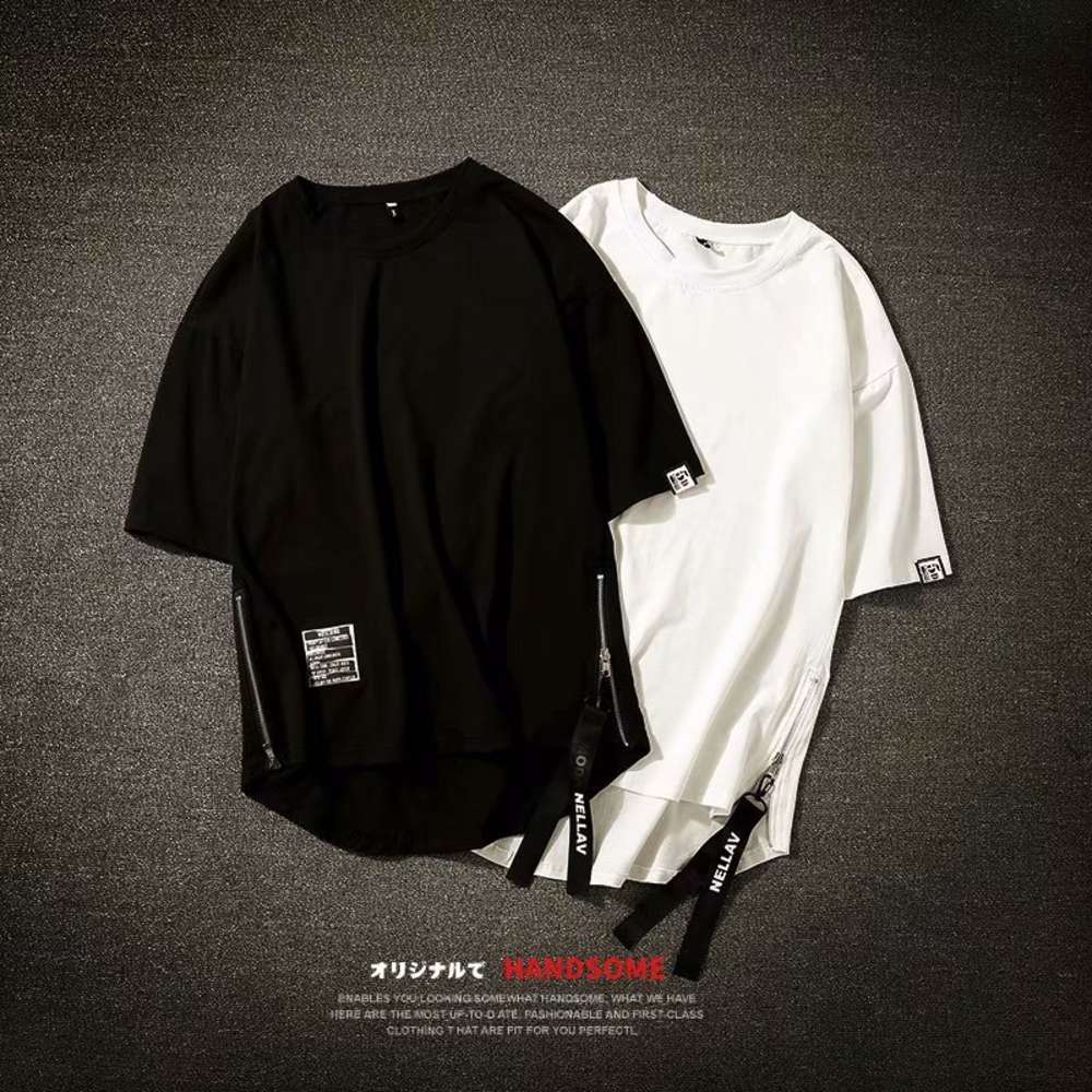 

t shirt Short Sleeve men's zipper student casual slim T-shirt, Zipper white