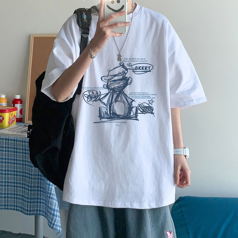 

Short sleeve men's T-shirt loose casual round neck fashion simple versatile half summer top, White