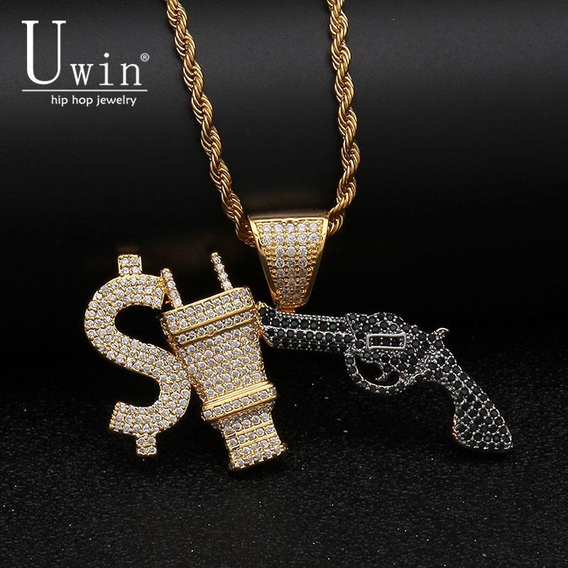 

Pendant Necklaces UWIN S925 US Dollar Plug GUN CZ Bling Iced Out Micro Paved Charm Necklace Men's Hiphop Jewelry
