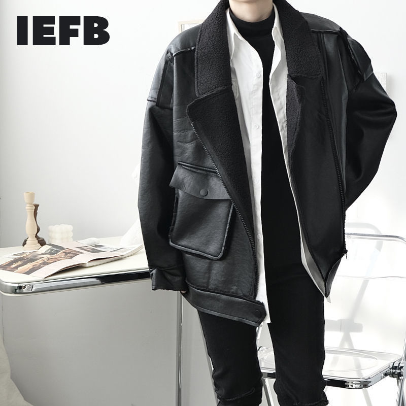 

IEFB Autumn winter clothes men's deconstruction asymmetric thickening one piece of fur PU leather jacket large size 9Y4644 210524, Black