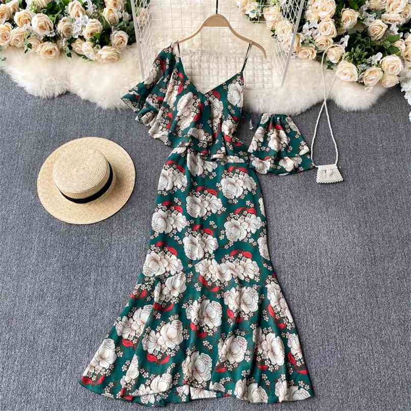 

Summer Dress Women Chic Floral Print Spaghetti Strap V-neck Ruffles Boho Style Beach Holidays Maxi Vestidos 210603, Black