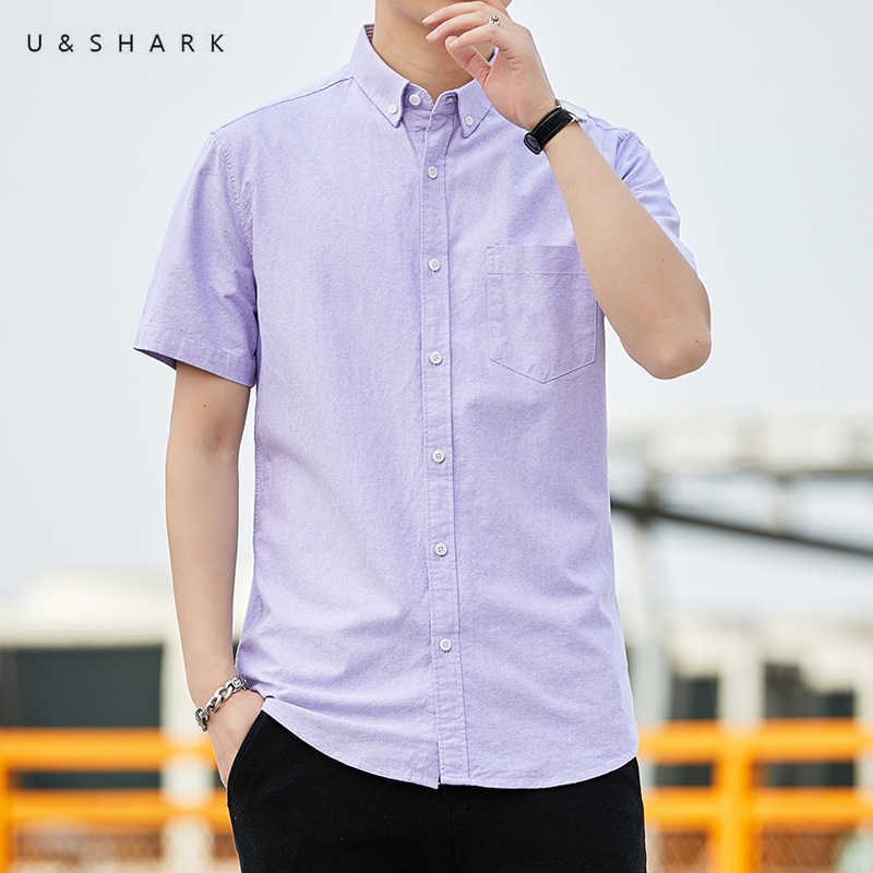 

U&SHARK Summer Oxford Shirt Short Sleeve Men Blouse Purple 100% Cotton Non Iron Shirt for Men Dress Shirts Casual Korean Clothes 210603
