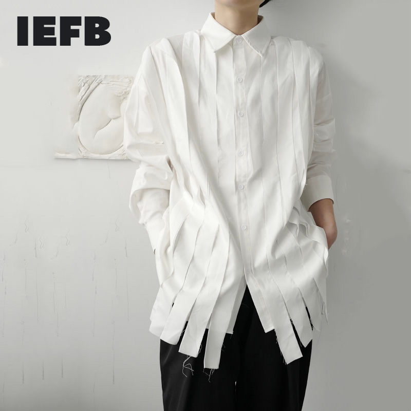 

IEFB High Quality Design White Shirts For Male Spring Loose Ribbon Tassel Patchwork Long Sleeve Blouse Male 9Y3297 210524