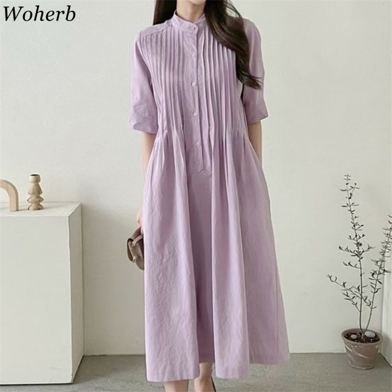 

Purple Casual Dress for Women O Neck Short Sleeve High Waist Maxi Pleated Vestidos Korean Robe Loose Elegant Chic Dresses 210519, Gray green